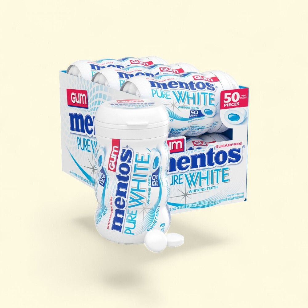 Mentos Pure White Gum, 6 x 50-Piece Packs — authentic US product shipped worldwide by Treatspree