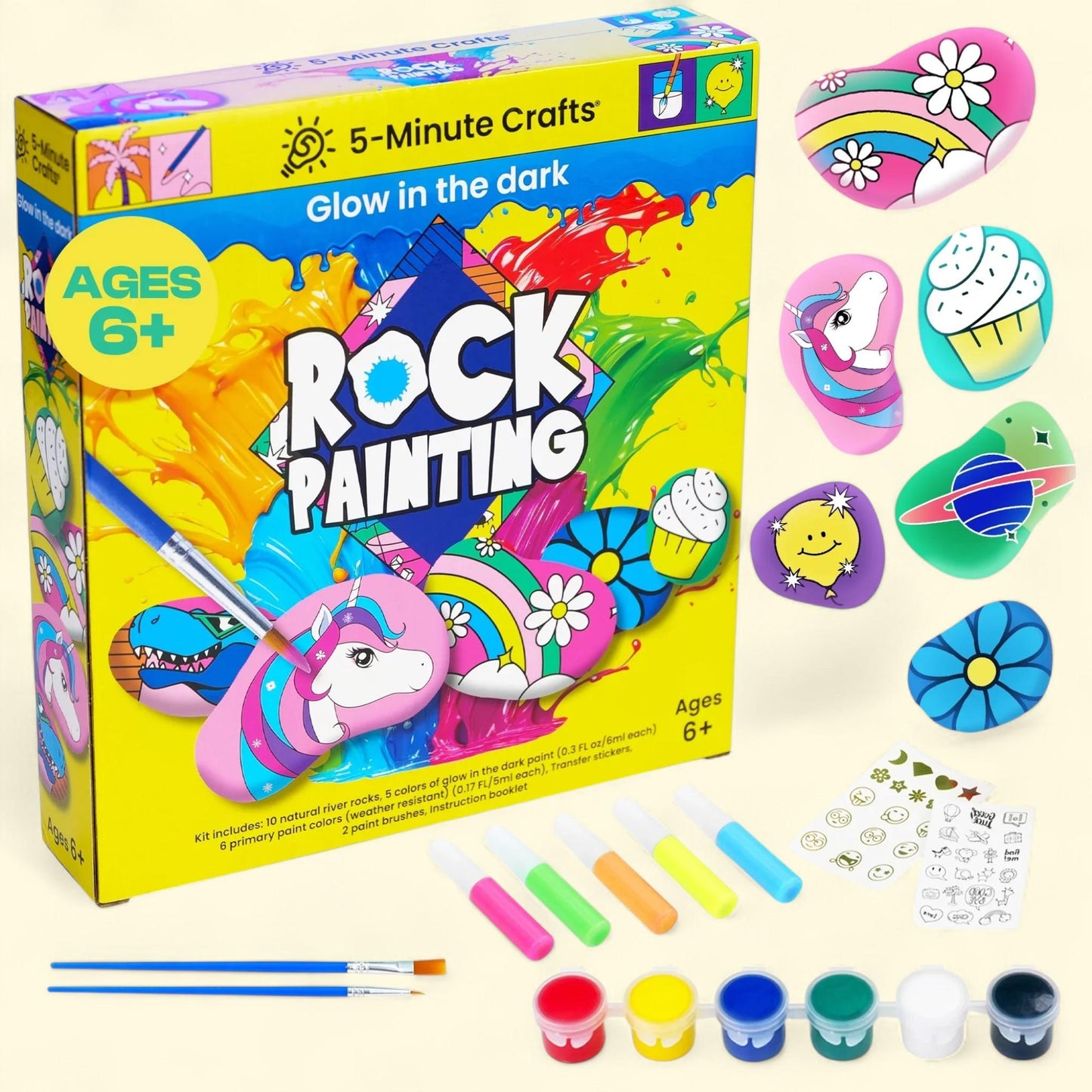 5-Minute Crafts Rock Painting Paint Kit, Glow in the Dark, Kids Ages 6+, Stone Coloring Arts and Crafts, Count
1