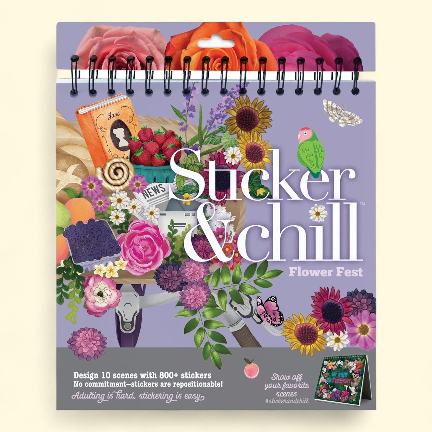 Sticker & Chill Sticker Book for Adults, Flower Fest Series, 800+ Repositionable Colorful Clings, 10 Spiral Bound Scene Pages