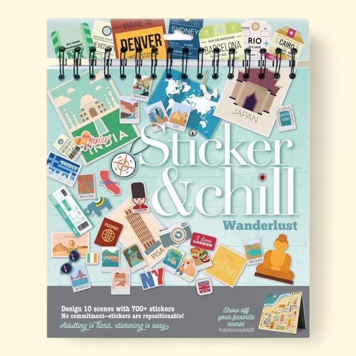 Sticker & Chill Sticker Book for Adults, 700+ Repositionable Colorful Clings, 10 Spiral Bound Scene Pages, Wanderlust Series