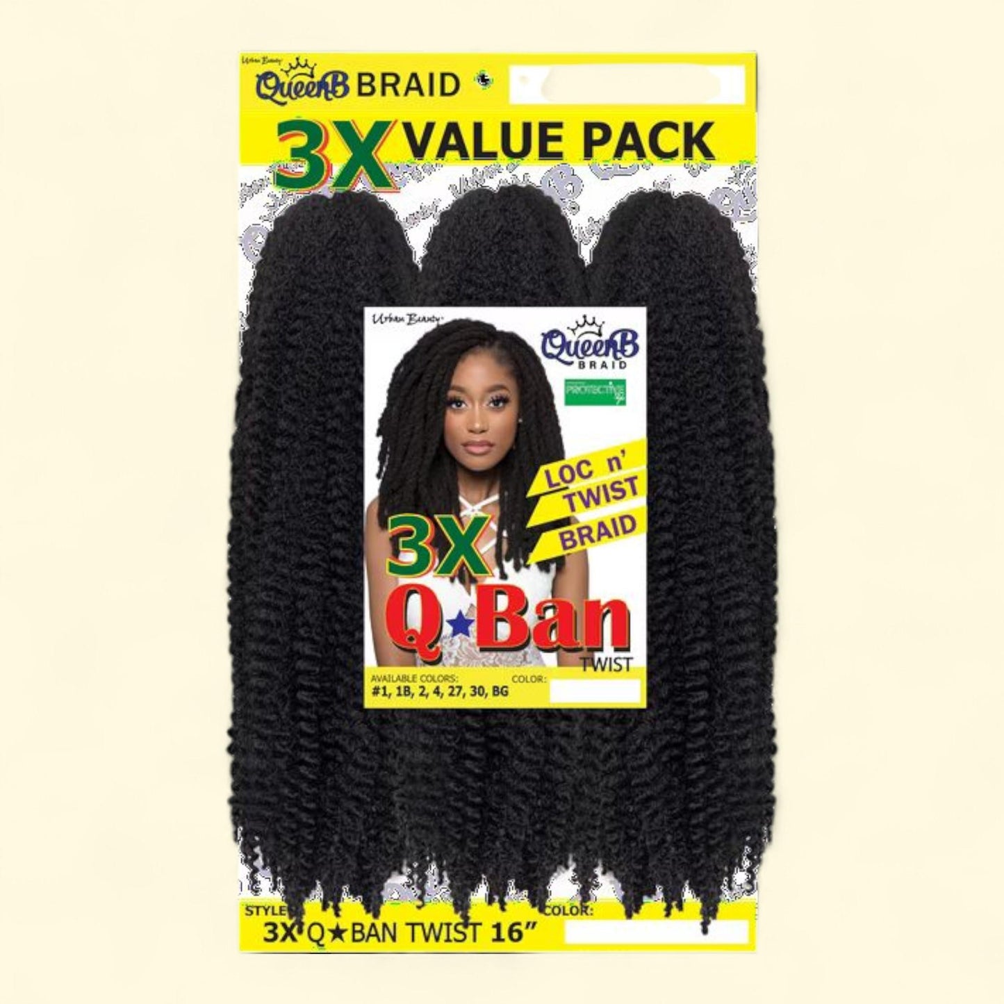 Urban Beauty Queen B Qban Loc N Twist Braid Hair 3X Pack, 16 inch, #1B