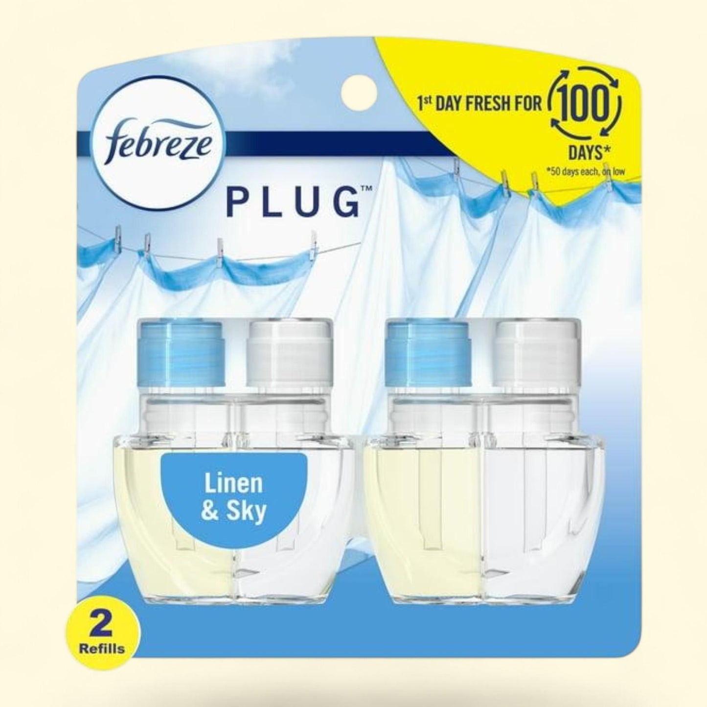Désodorisant électrique Febreze, Linen & Sky, 2 recharges