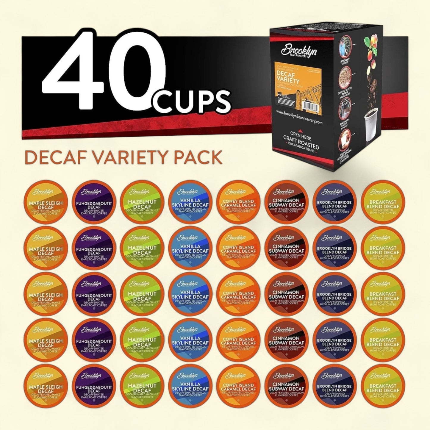 Brooklyn Bean Roastery Assorted Decaf Coffee Variety Pack, 40-Pack