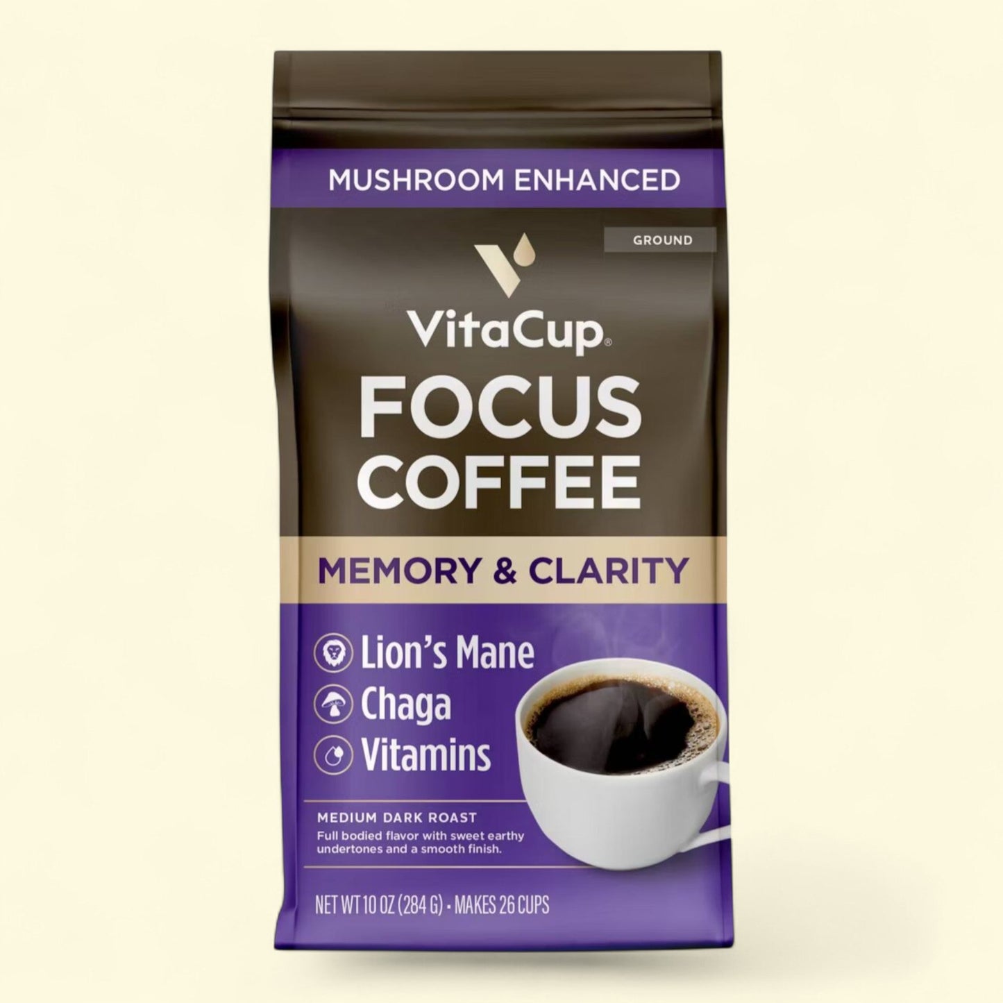 VitaCup Focus Ground Coffee Medium Roast Lions Mane, Chaga Mushroom & B Vitamin - 10oz