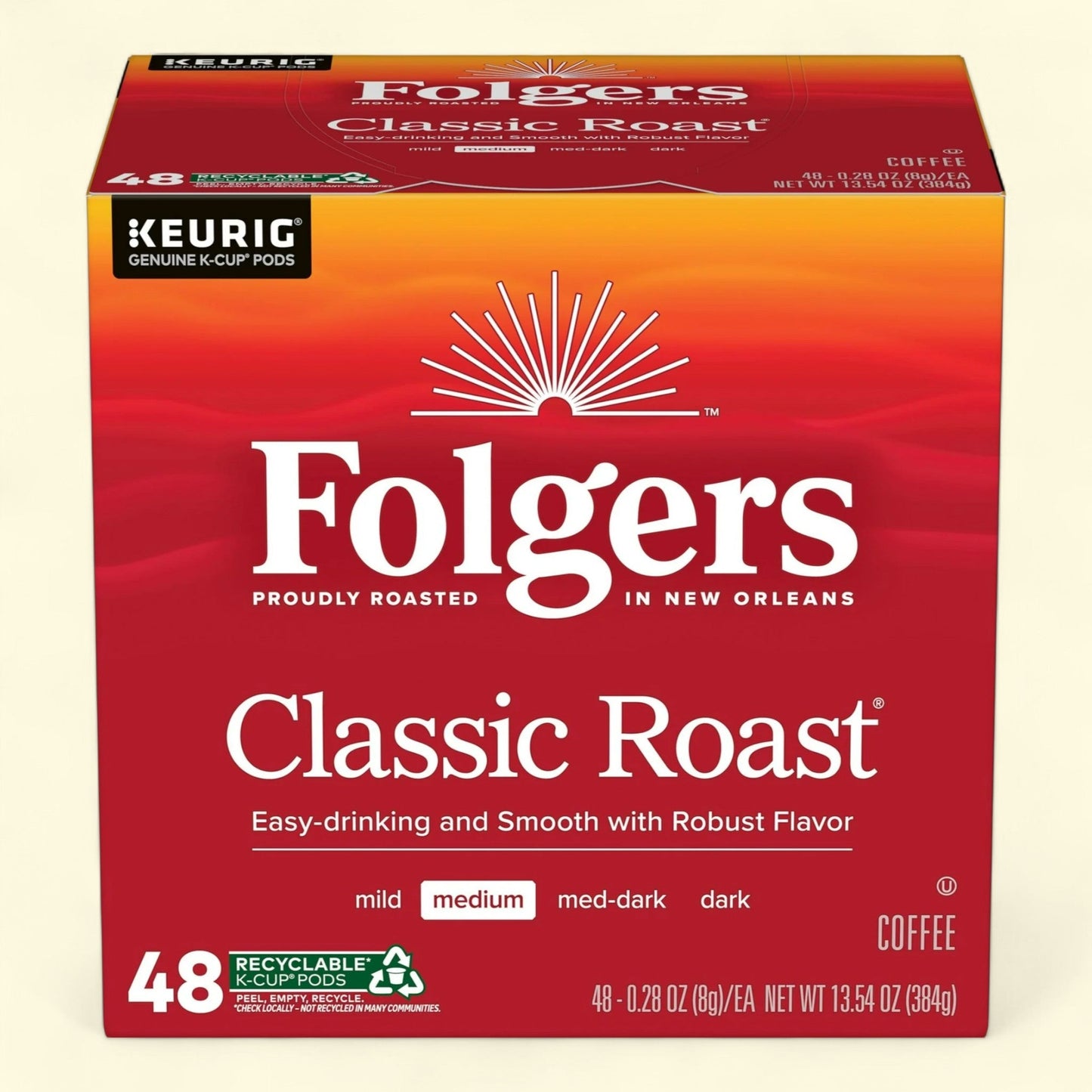 Folgers Classic Roast, Medium Roast Coffee, Keurig K Cup Pods, 48 Count