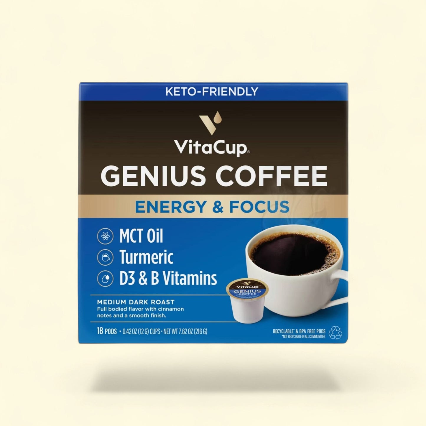 VitaCup Genius Energy & Focus Medium Roast Coffee, 18ct — authentic US product shipped worldwide by Treatspree