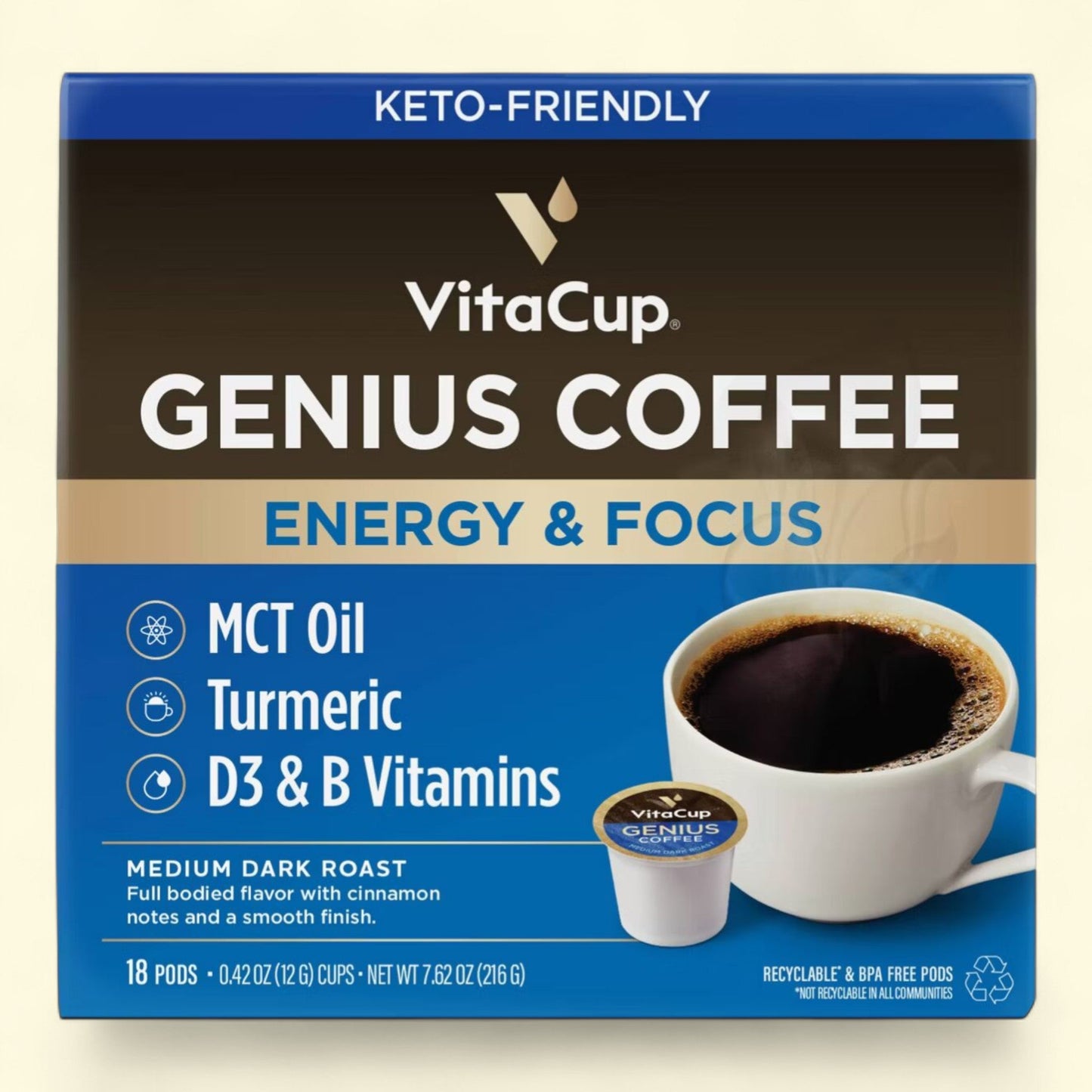 VitaCup Genius Energy & Focus Medium Roast Coffee, 18ct