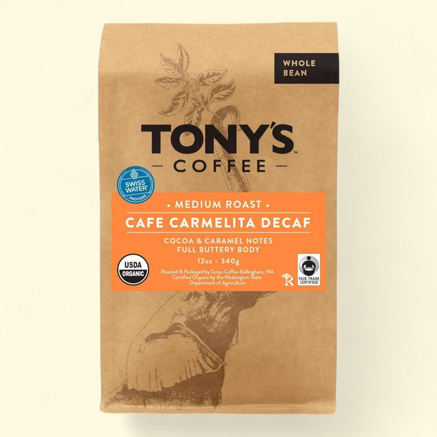Tony's Coffee Carmelita Decaf Whole Bean Coffee, 12oz