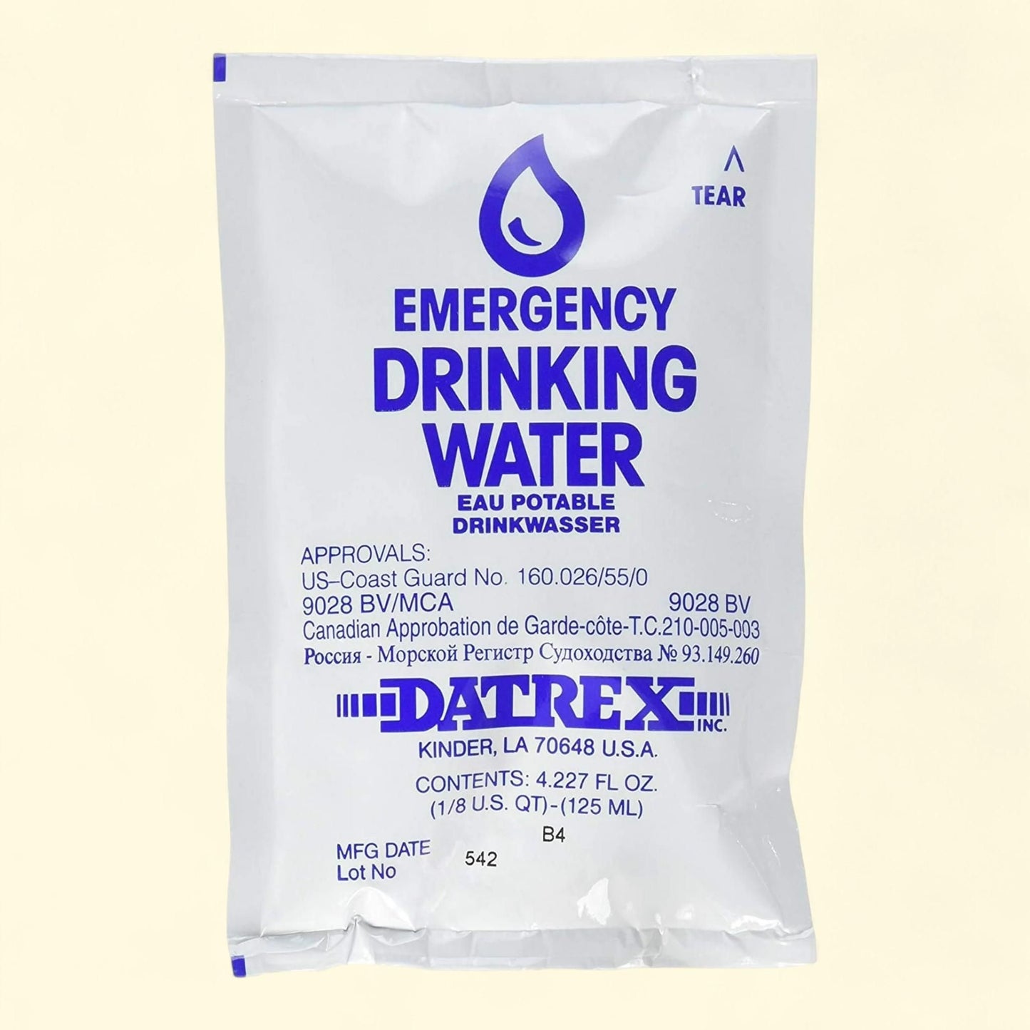 Sachet d'eau de survie d'urgence Datrex, 125 ml, lot de 64