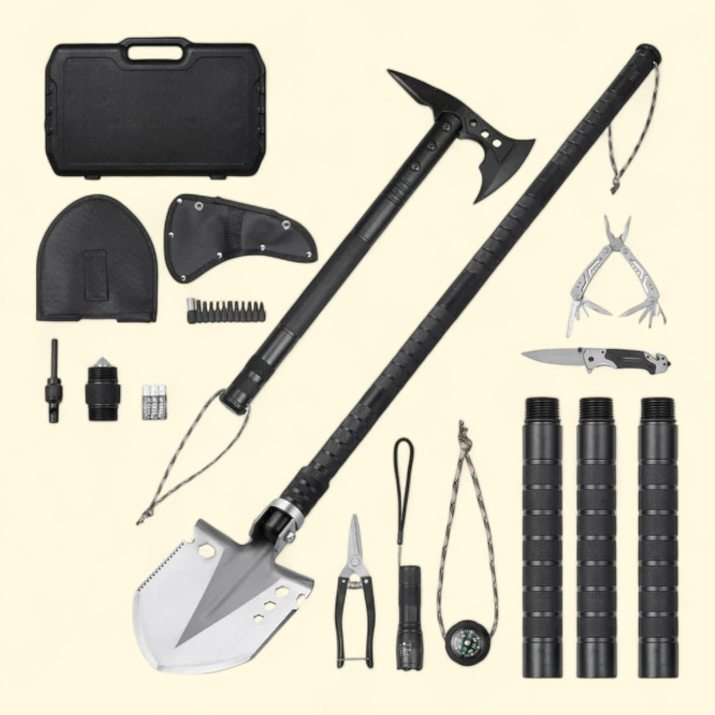 KFFKFF Emergency Preparedness Shovel and Axe, 28-Function, Stainless Steel, Essential Survival Gear, Outdoor Activities