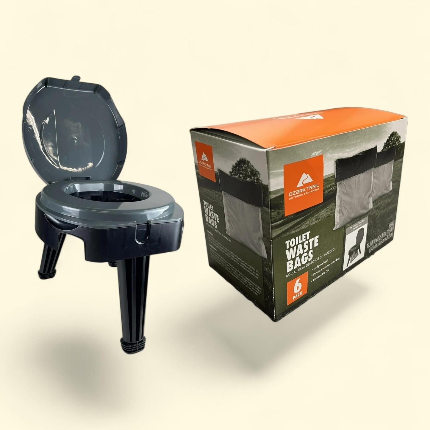 Ozark Trail Portable Folding Camp Toilet, 14.5in + Reliance Double Doodie 2L Portable Camping Toilet Plastic Waste Bags (6 Pack)