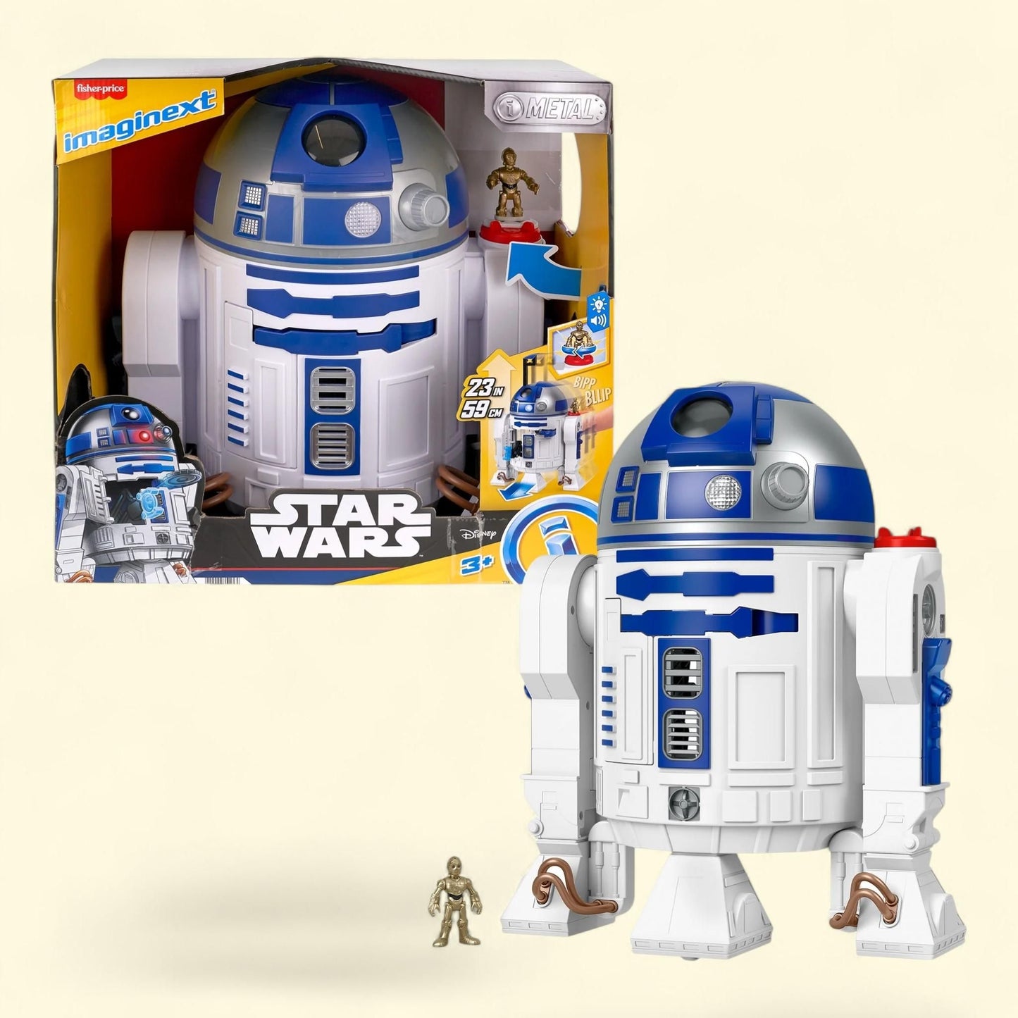 Jouet Imaginext STAR WARS R2-D2 avec lumières et sons, et clé en métal moulé sous pression représentant C-3PO, 44,5 cm