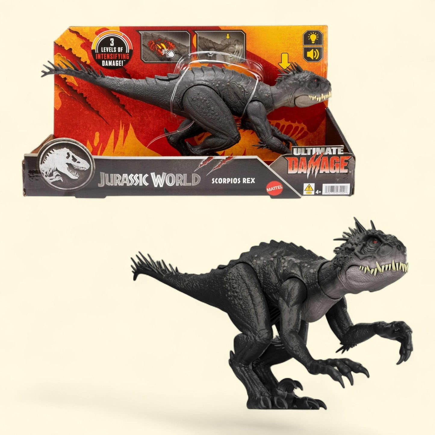 Jurassic World Ultimate Damage Scorpios Rex Dinosaur Toy Figure, Light & Sound, 4 years