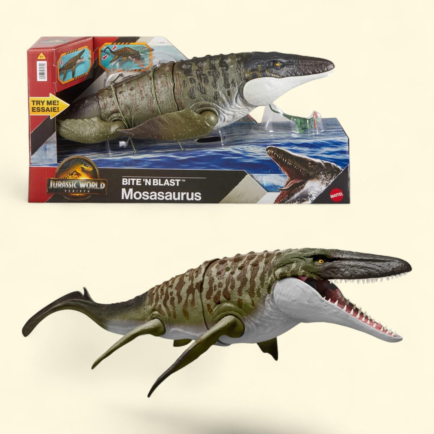 Jurassic World Rebirth Bite N Blast Mosasaurus Action Figure and Mini Dilophosaurus, 4 years & up