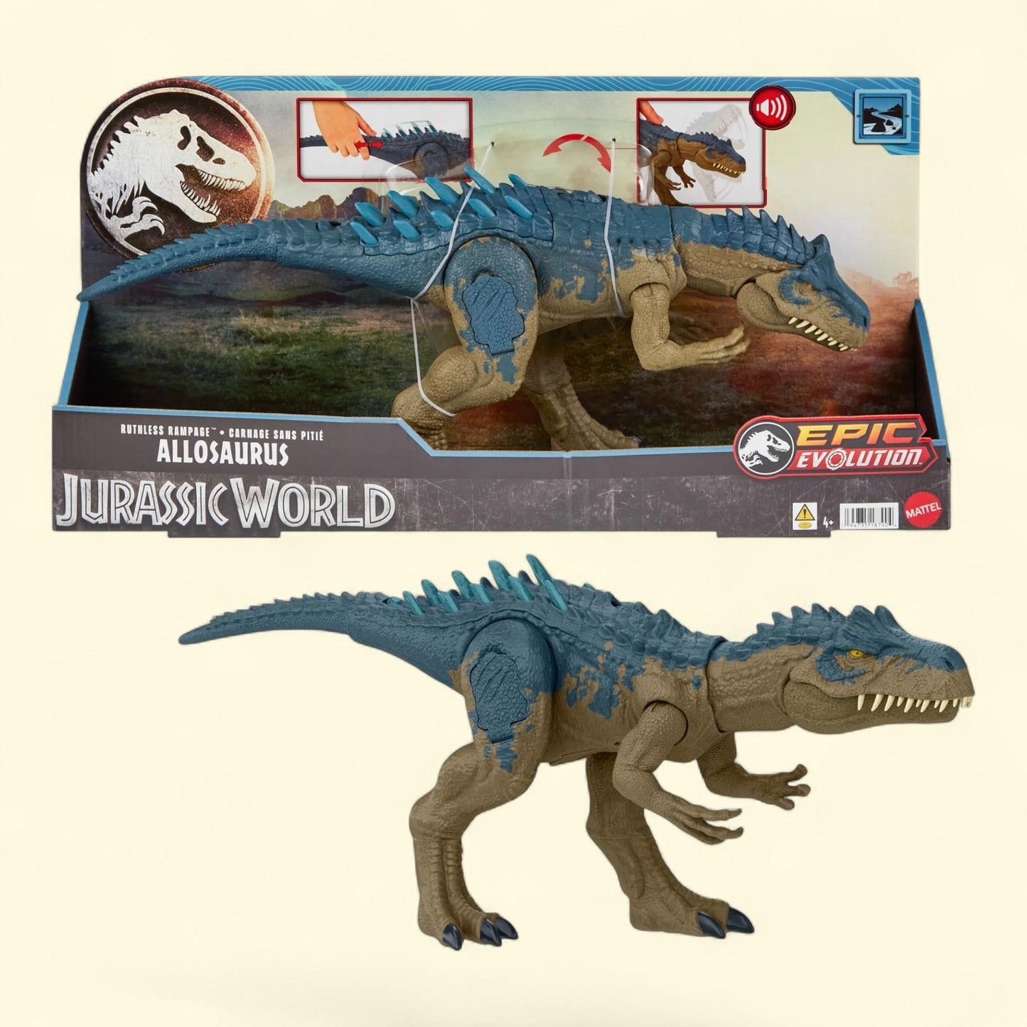 Jurassic World Allosaurus Dinosaur Toy, Ruthless Rampaging, Attack Move & Roar Sound, 4-9 years