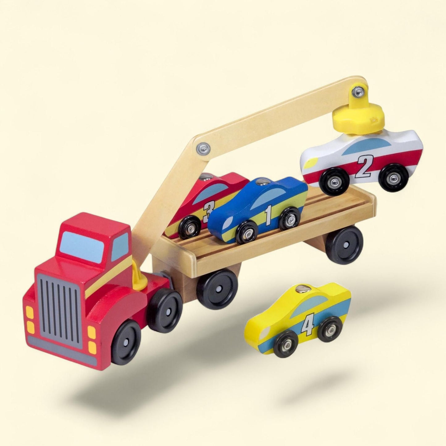 Melissa & Doug Magnetic Car Loader Wooden Toy Set, 4 Cars and 1 Semi-Trailer Truck