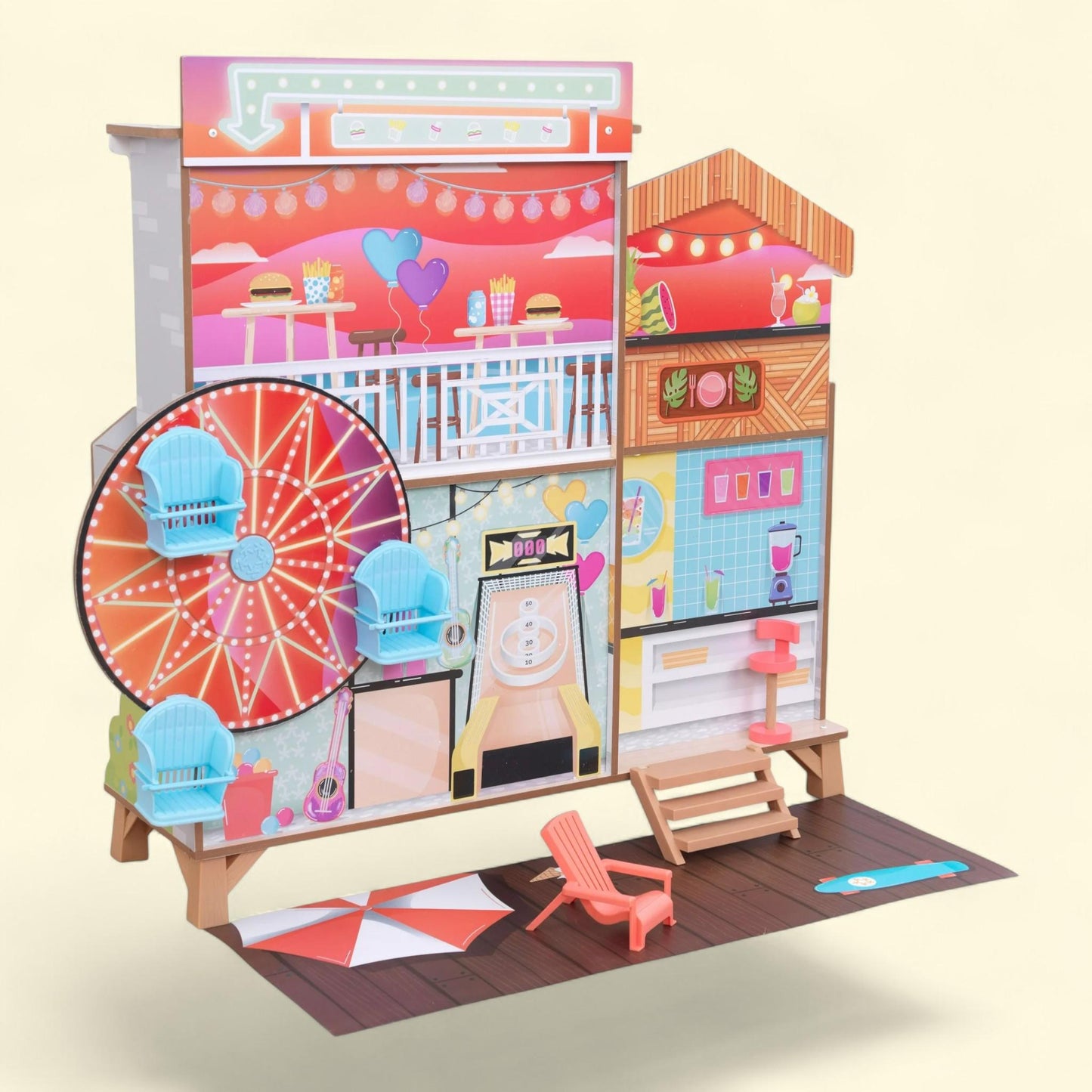 KidKraft Ferris Wheel Fun Beach House Dollhouse, 360-Play, 19 Play Pieces