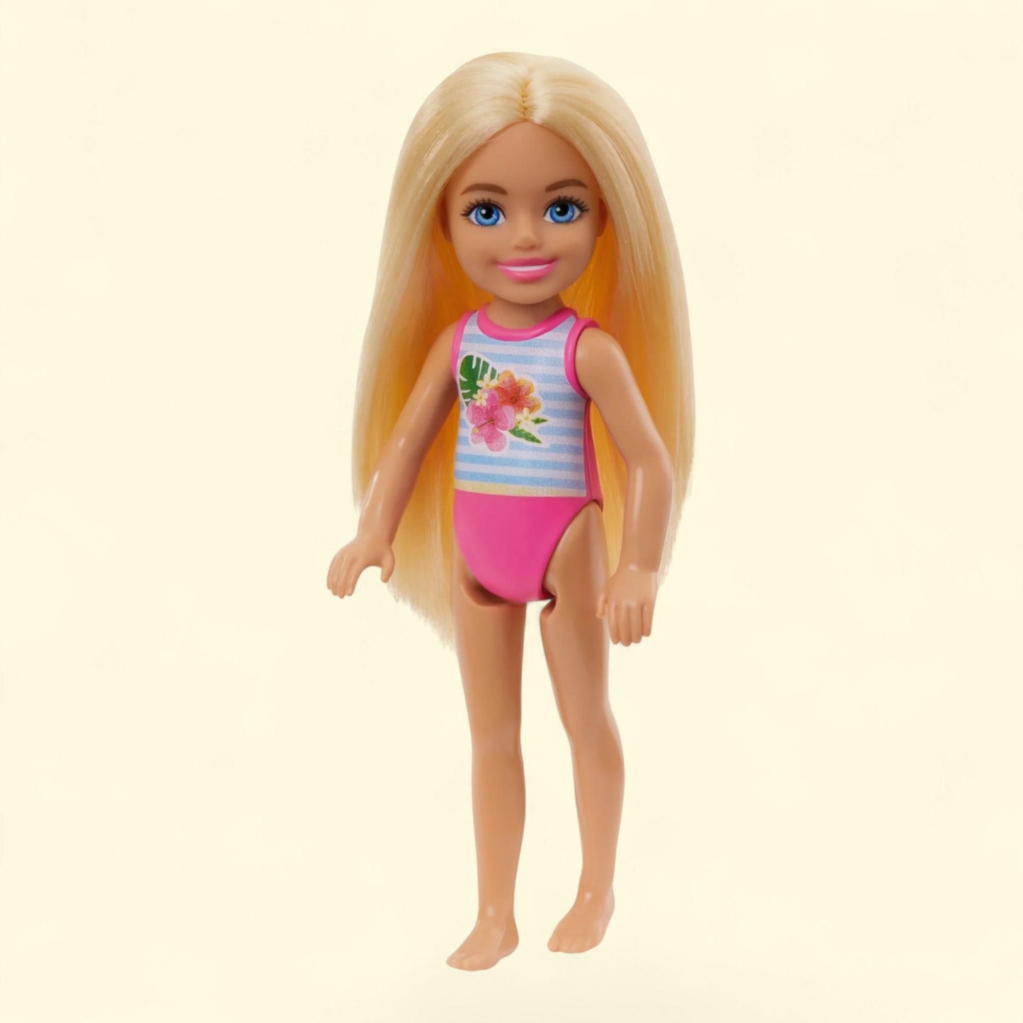 Barbie Chelsea Small Doll, Beach Swimsuit, Blonde Hair & Blue Eyes, Stripes & Floral Print, 6.00 in