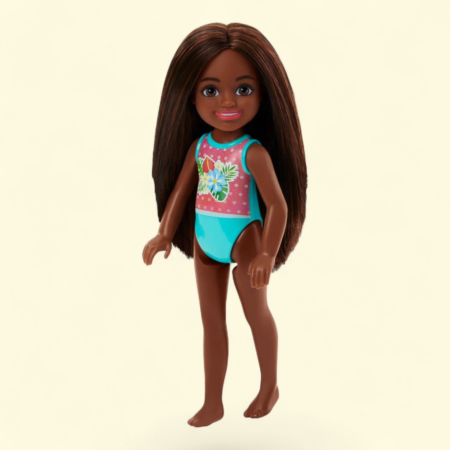 Barbie Chelsea Small Doll, Beach Swimsuit, Polka Dot & Floral Print, Brown Hair & Brown Eyes, Size