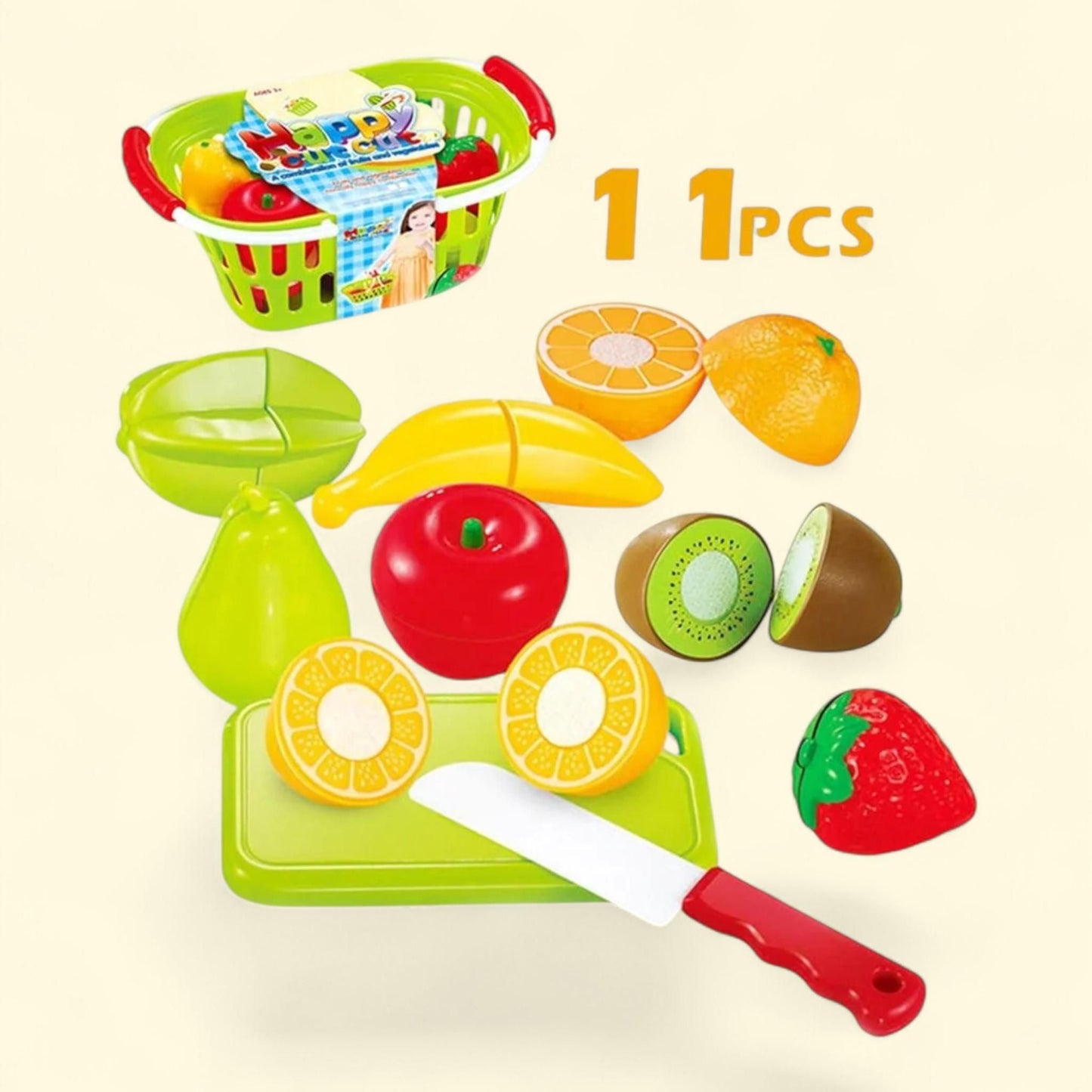 Mundo Toys Play Food Set, 11 Pcs, Plastic Cutting Fruits Vegetables with Basket