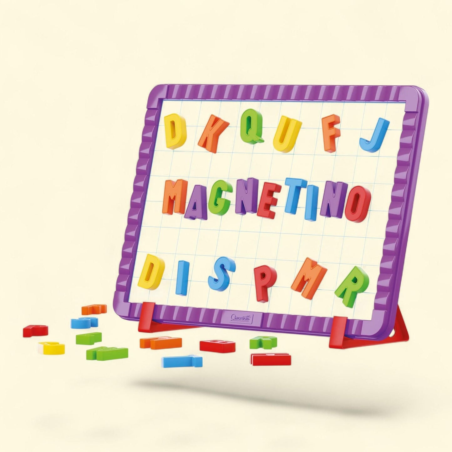 Quercetti Magnetic Letters Starter Set, 44 Letters & Magnetic Grid Board, ABC & Spelling, 4+