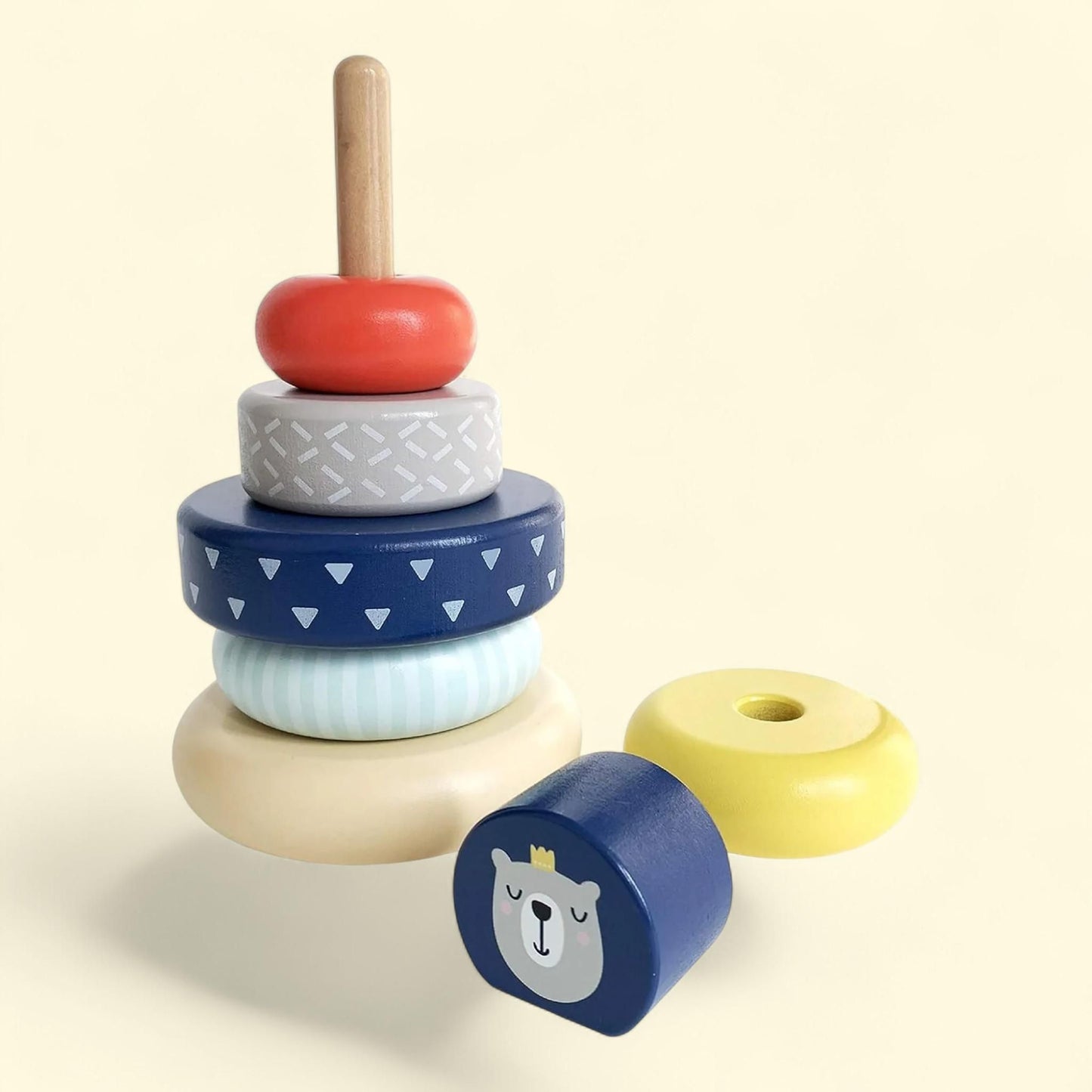 LEO & FRIENDS: Wooden Stacking Ring Toy - Coloful Tower, Benny The Bear Animal Topper, Sorting, Montessor, Early Development, Baby-Toddler-Kids 12mo+