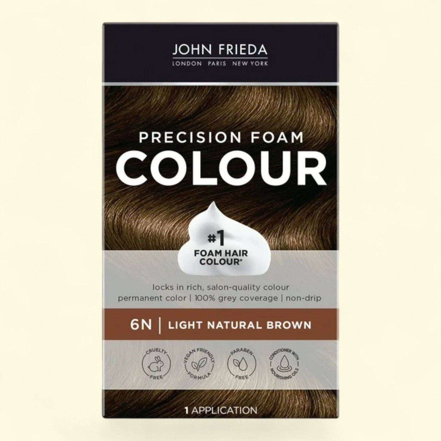 John Frieda Precision Foam Hair Dye, 6N Light Natural Brown, 1 Application, 1 Pack