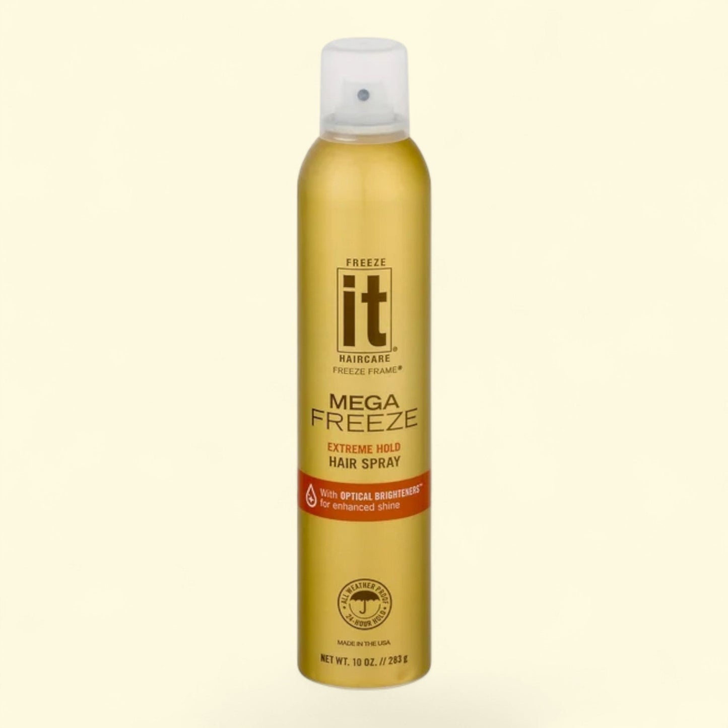 Mega Freeze hair spray bottle on a beige background