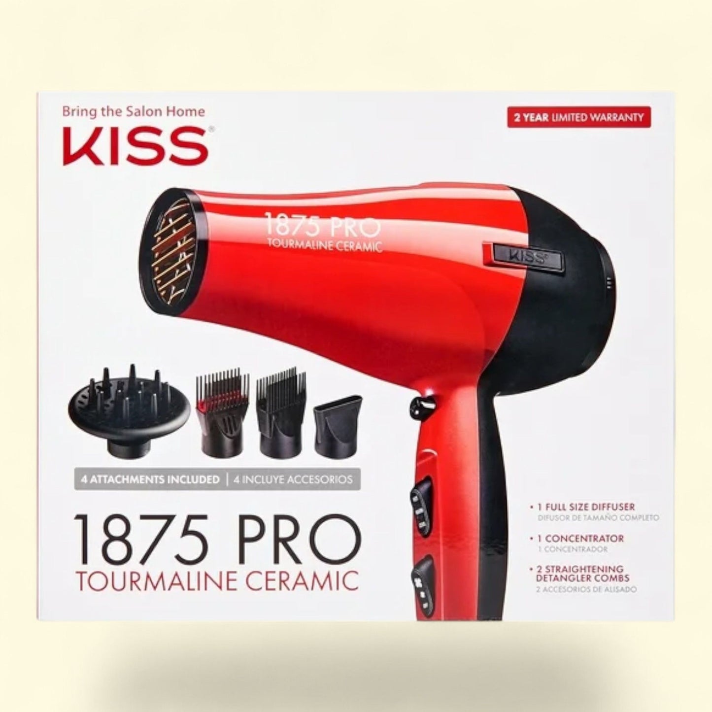 KISS Hair Dryer, Red Tourmaline Ceramic, 1875 Watts, 4 Styling Attachments, 5-in-1 set