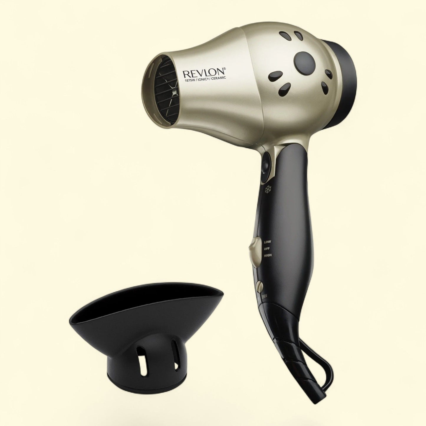 Revlon Ionic Travel Hair Dryer, 1875W, Black and Gold, 2-in-1 set