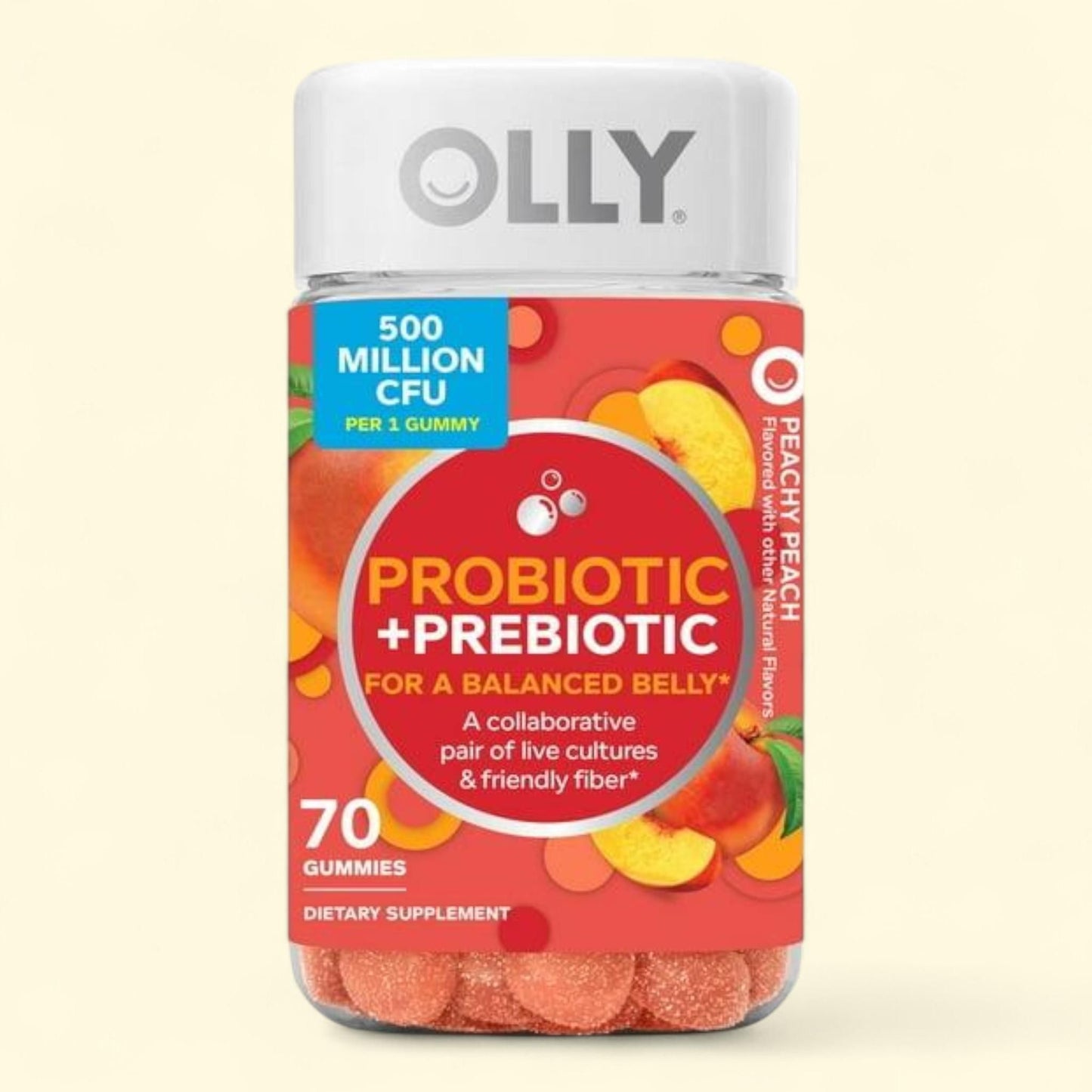 OLLY Adult Probiotic + Prebiotic Digestive Support Gummy, Peach, 70 ct.