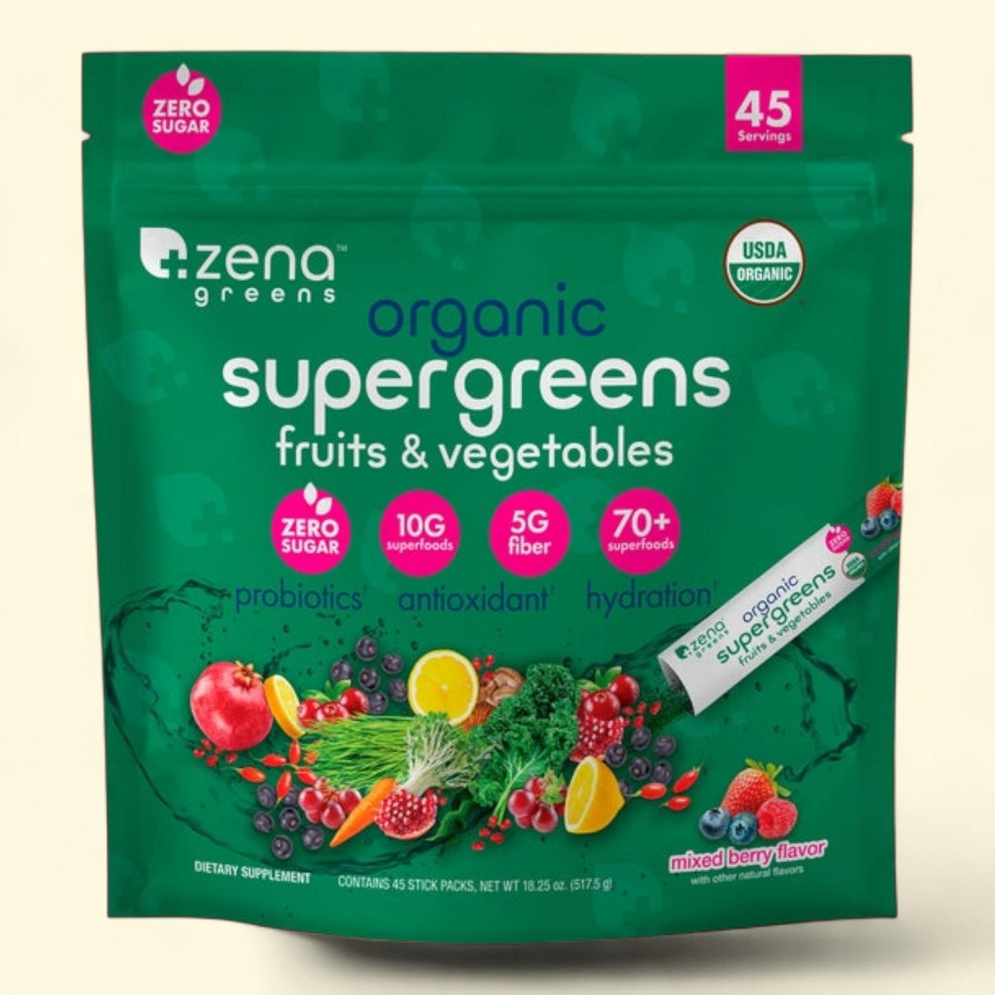 Zena Supergreens Fruits & Vegetables Powder, 45 Stick Packets