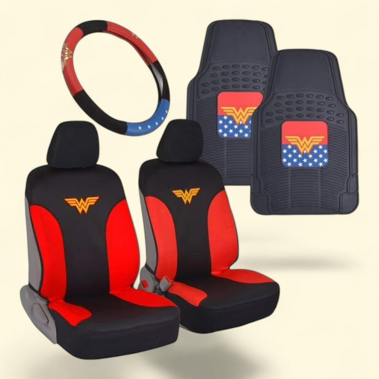 Wonder Woman Car Accessories Pack, Seat Cover, Rubber Floor Mats & Steering Wheel Cover, Car SUV Van Truck