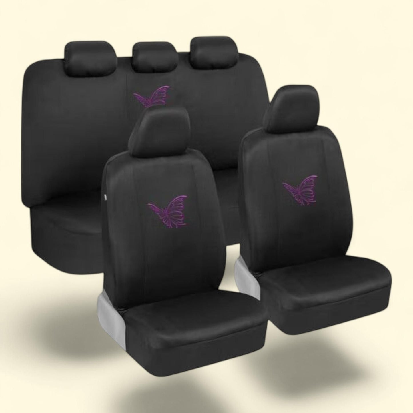 BDK Purple Butterflies Car Seat Covers, Full Set with Steering Wheel Cover and Seat Belt Pads - Front and Rear Seat Covers, Fits Most Car Truck Van SUV
