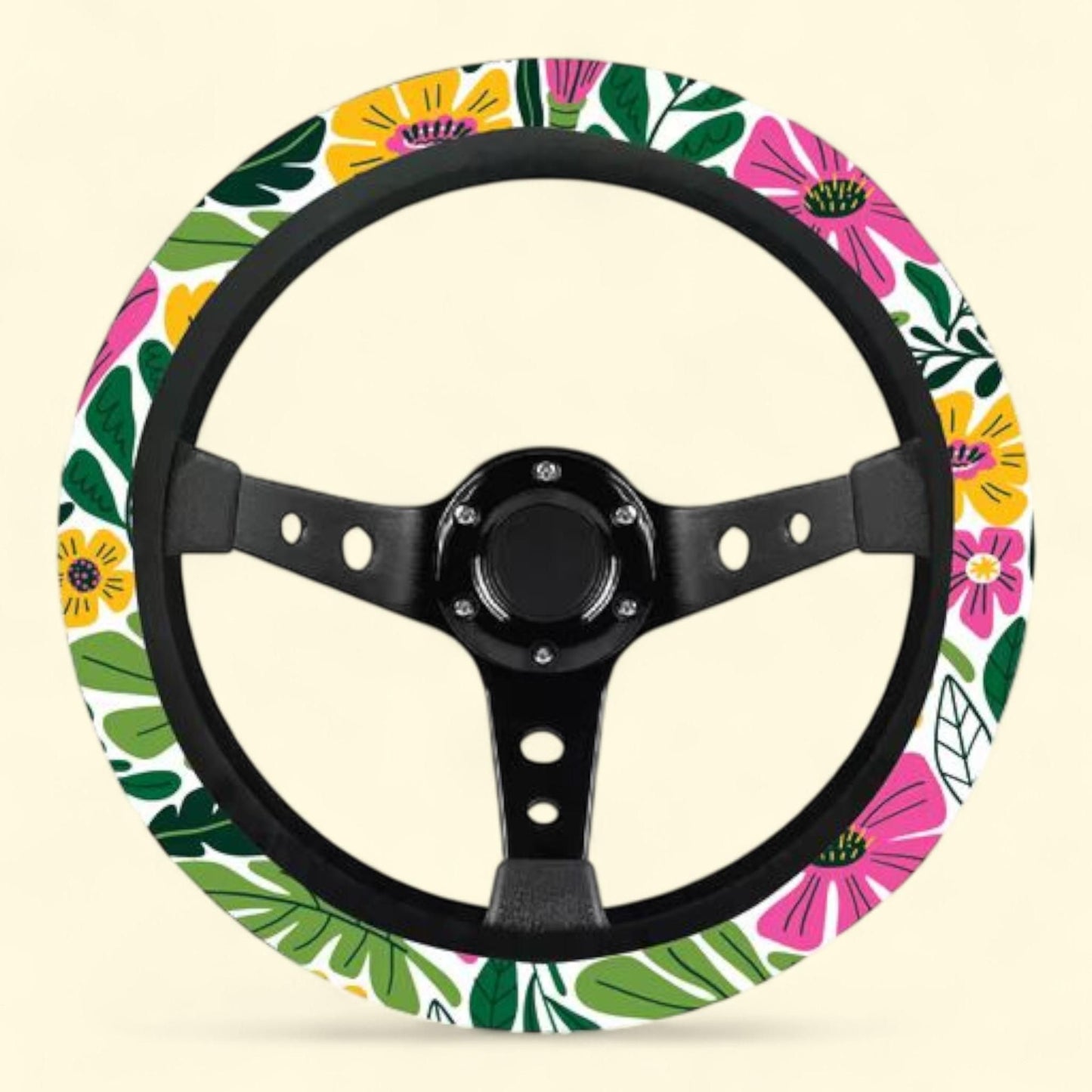 Bright Island Floral Print Car Steering Wheel Cover, Women's, Universal Fit, Absorbant Fabric Material, 1 count