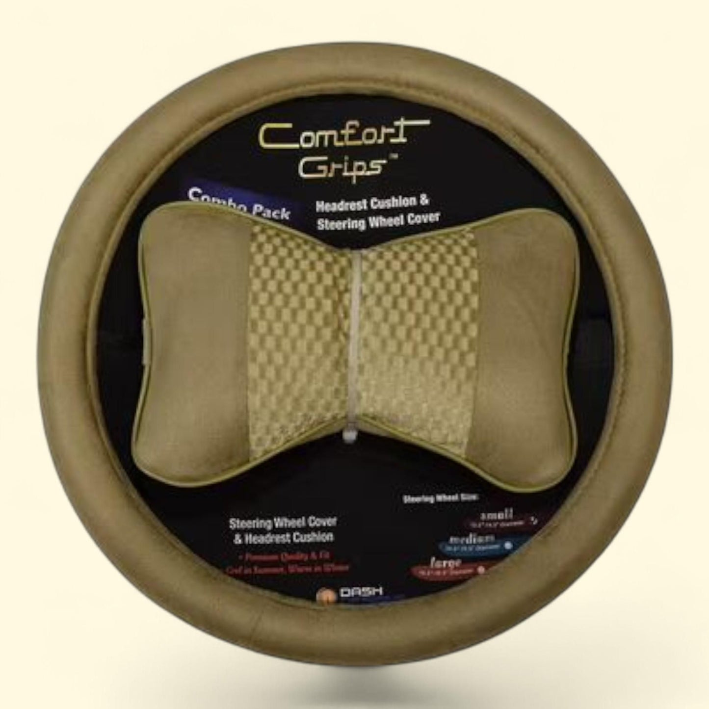 Comfort Grips Ultra Plush Steering Wheel Cover/Headrest Combo Pack, Medium Tan
