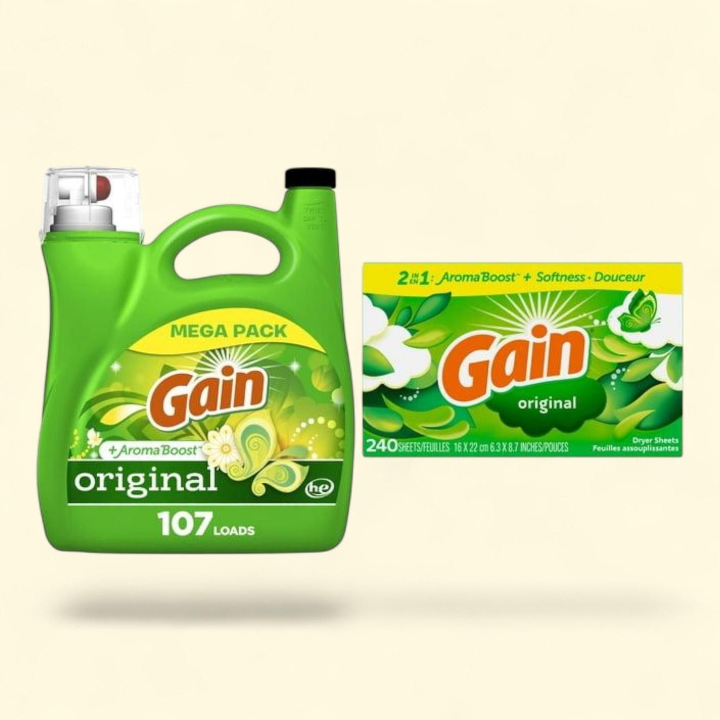 Gain Liquid Laundry Detergent + Fabric Softener Dryer Sheets, 50 oz + 120 sheets.