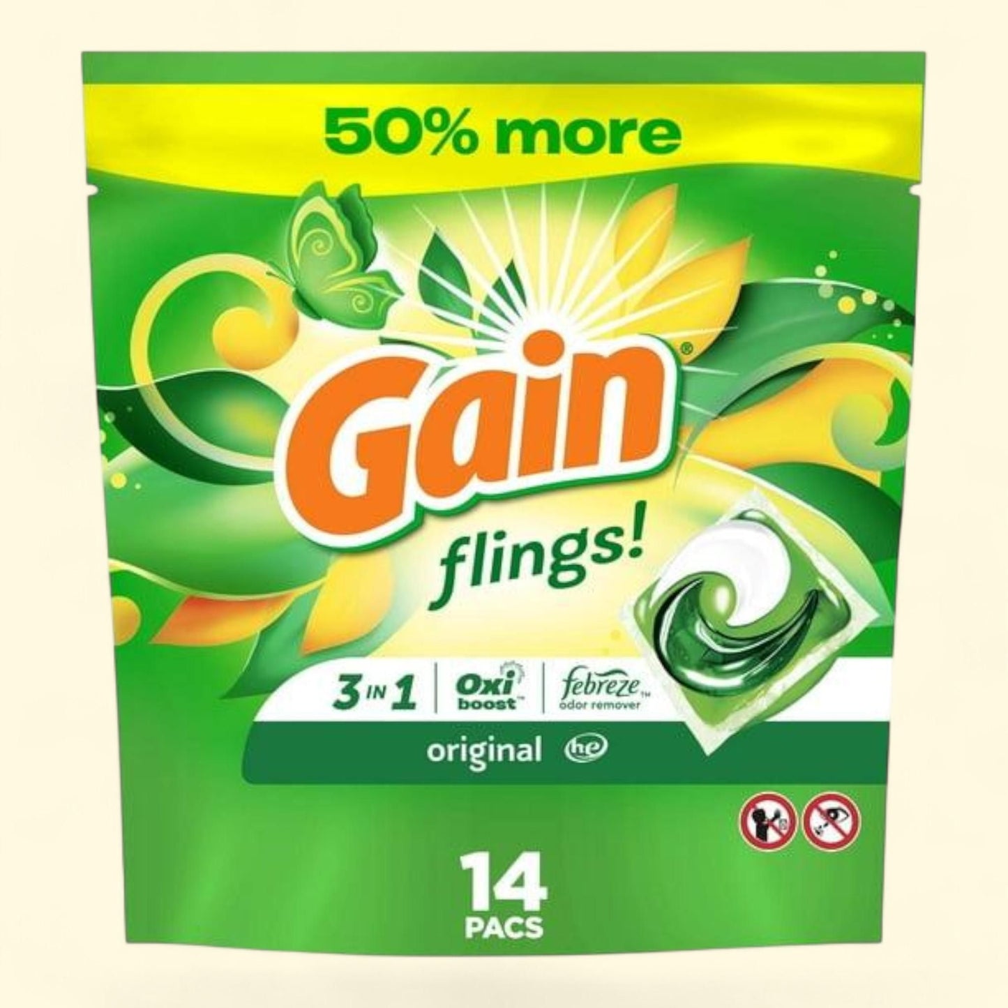 Gain Flings Laundry Detergent Pacs, Original Scent, 14 Count