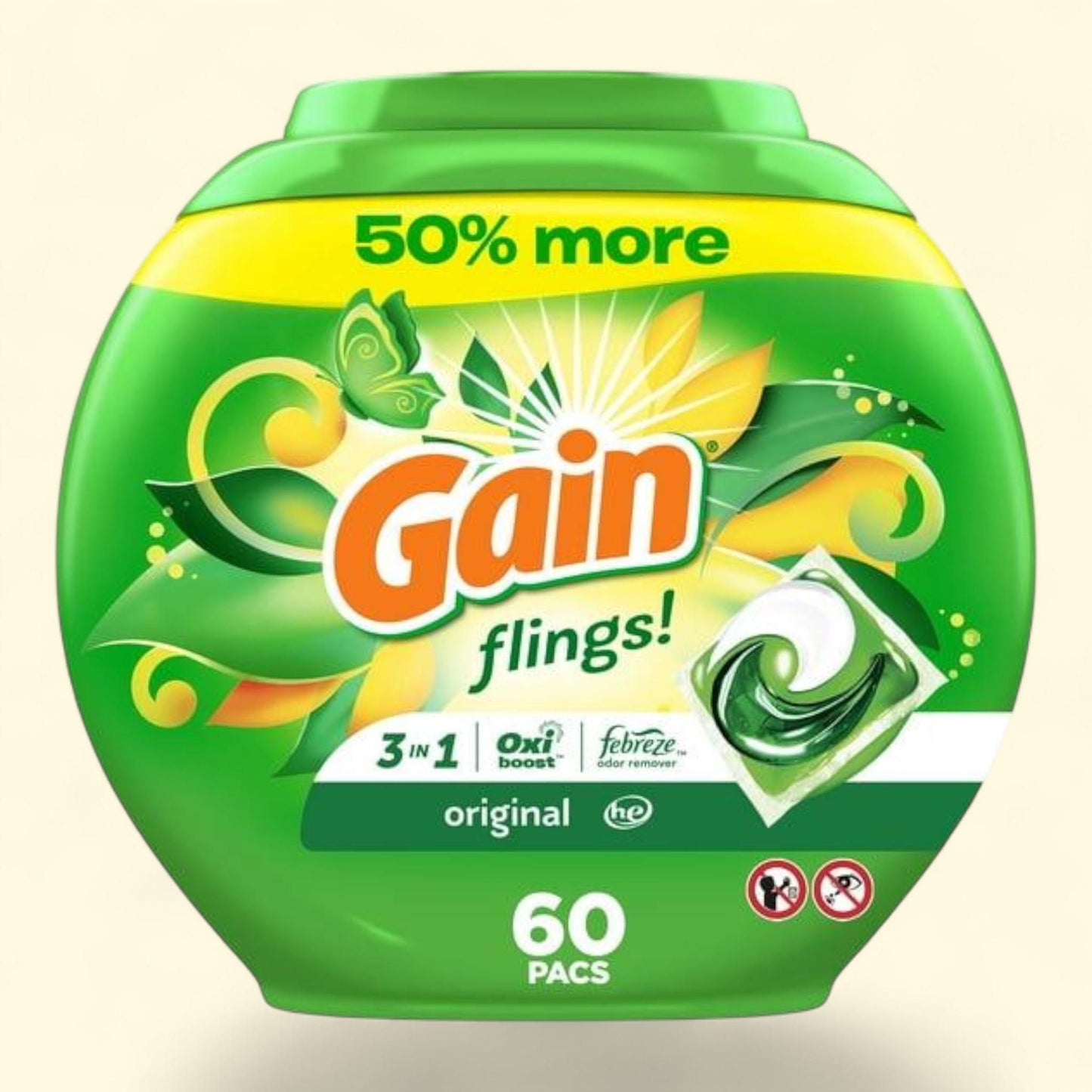 Gain Flings Laundry Detergent Pacs, Original Scent, 60 Count