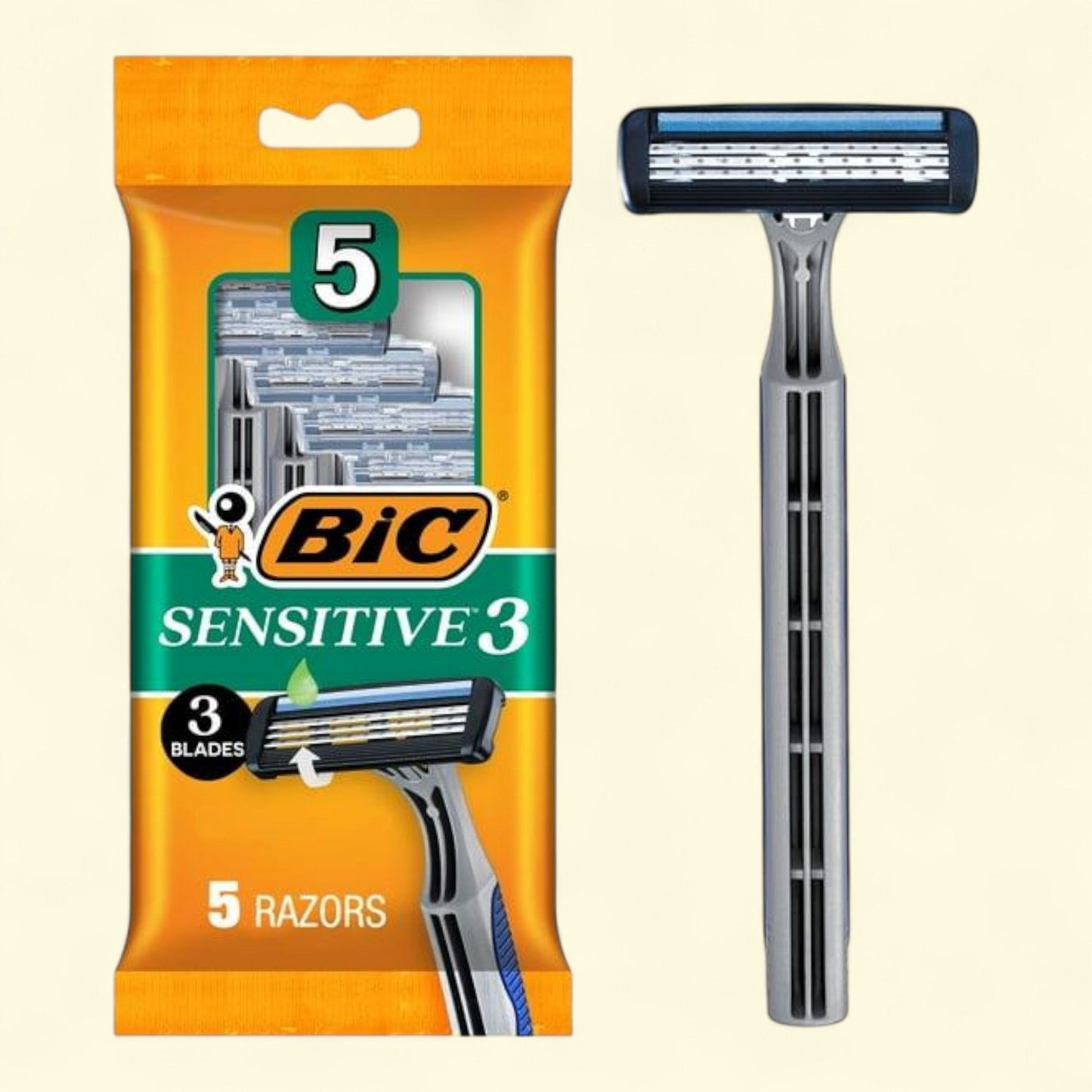 BIC Sensitive 3 Disposable Razors, Men's, 3-Blade, 5 Count