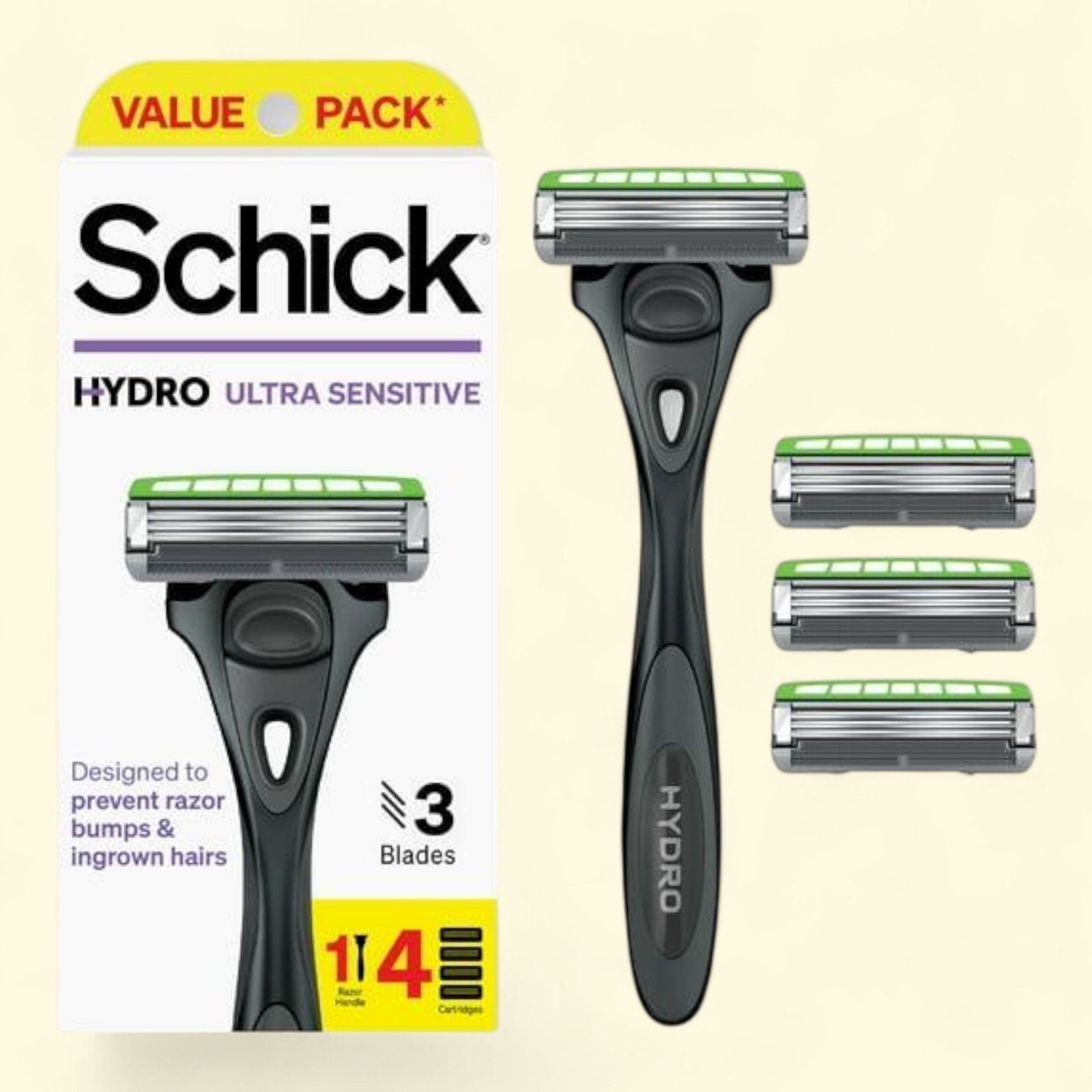 Schick Hydro Ultra Sensitive Razor, 1 Handle with 4 Refills, 3 Blade Razor, Men, Prevents Razor Bumps, Ingrown Hairs