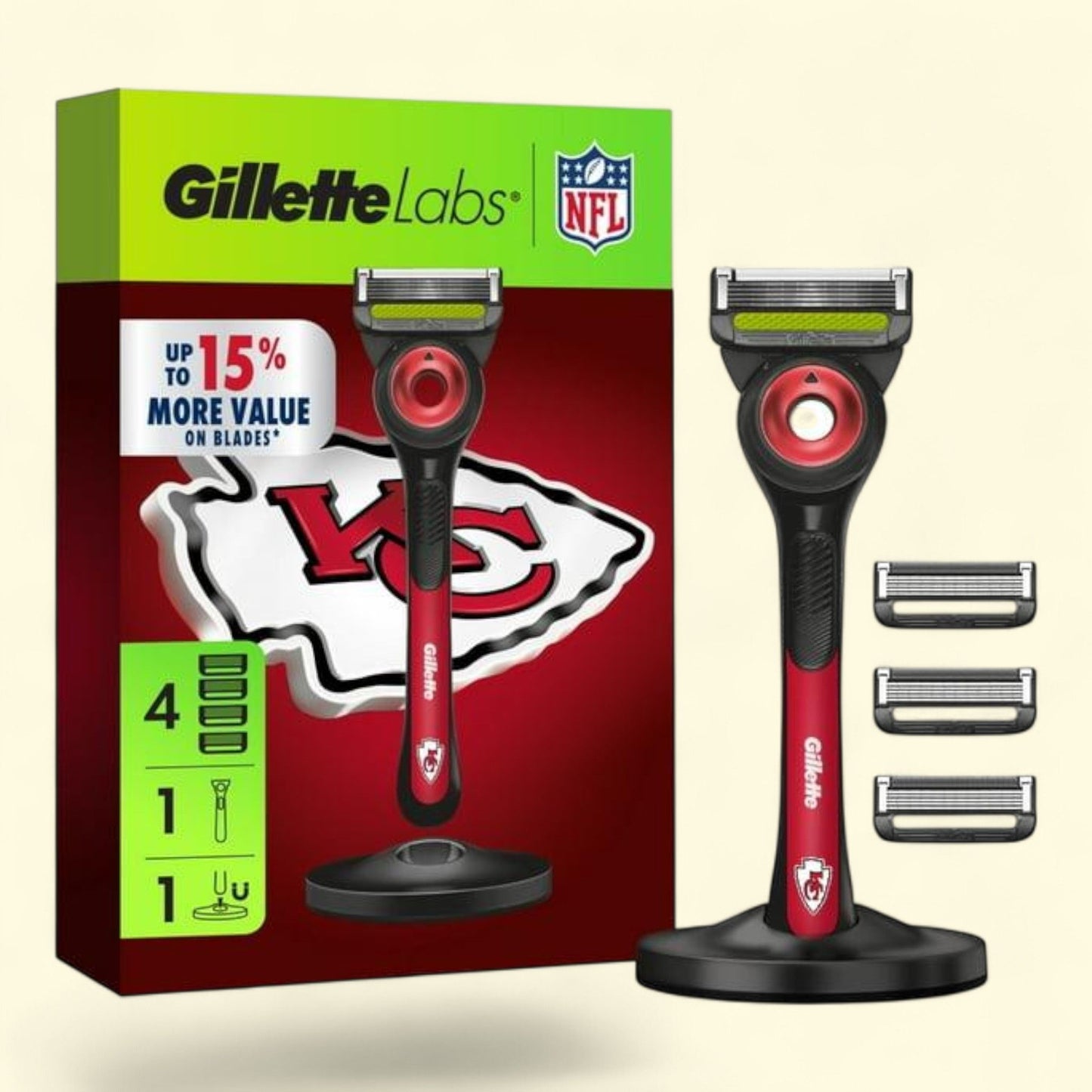 Gillette Labs Chiefs Licensed Razor for Men, 1 Handle, 4 Blade Refi... — authentic US product shipped worldwide by Treatspree