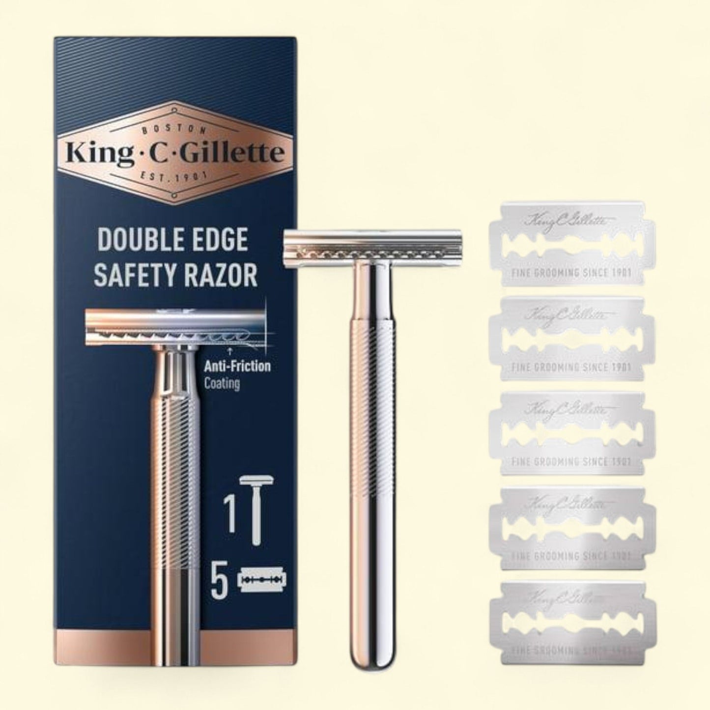 King C. Gillette Men's Double Edge Safety Razor, 5 Double Edge Refill Blades, Chrome