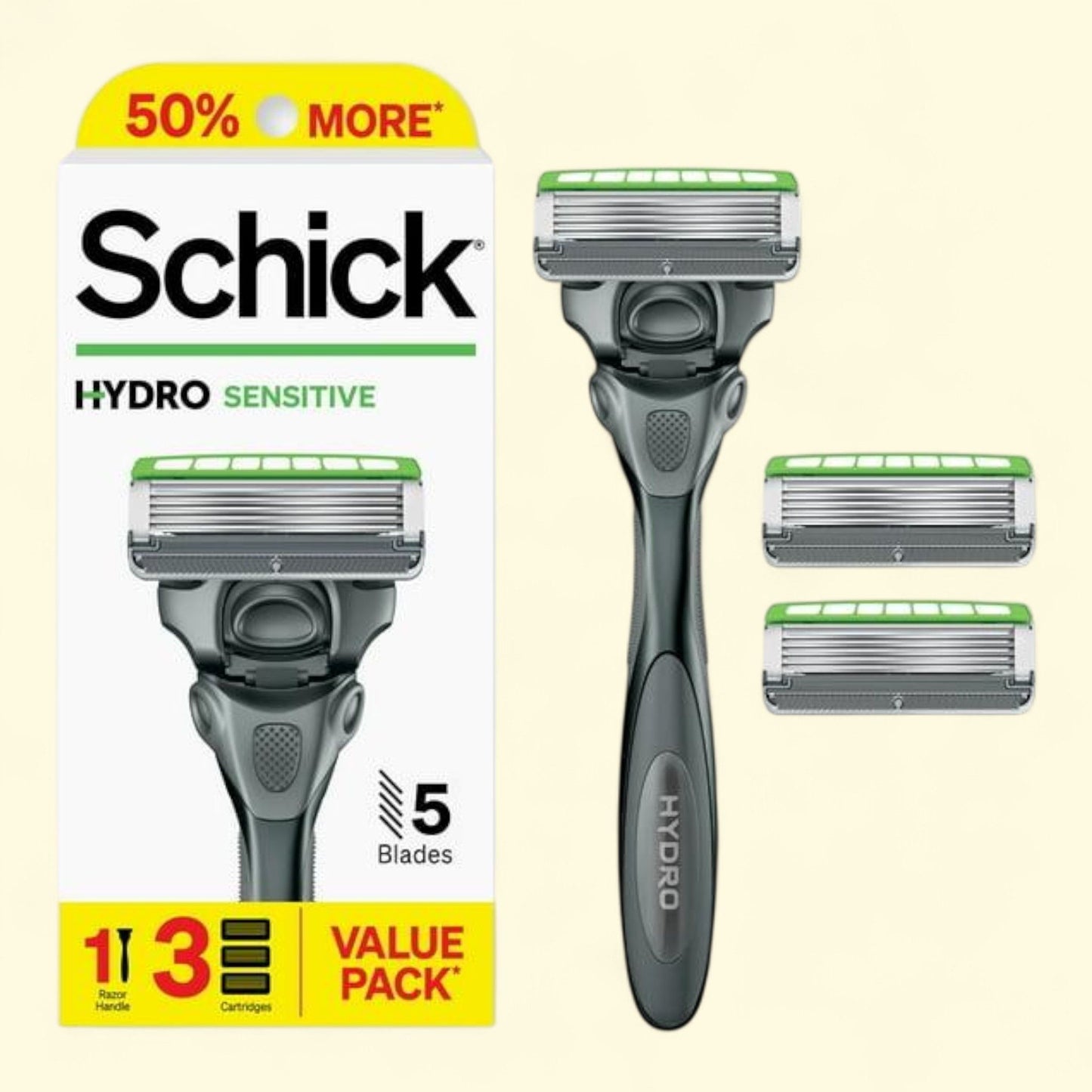 Schick Hydro Sensitive Men's 5 Blade Razor Starter Kit, 1 Razor Handle with 3 Razor Refills, Value Pack