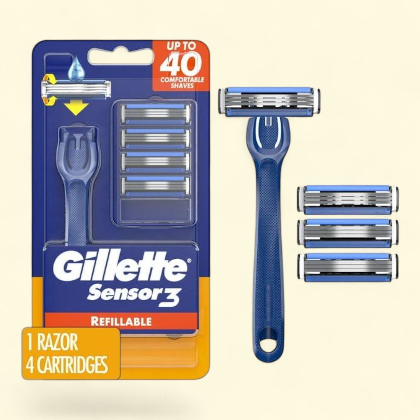 Gillette Sensor3 Razor, 1 Handle & 4 Blade Refills, Blue