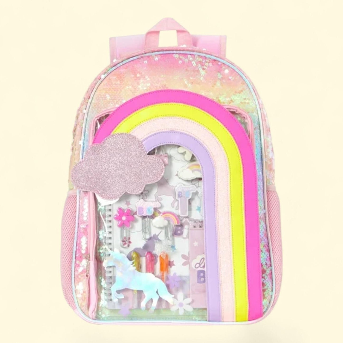 Rainbow Girls Sequin Stationary Kids Backpack Set, 17" Pink