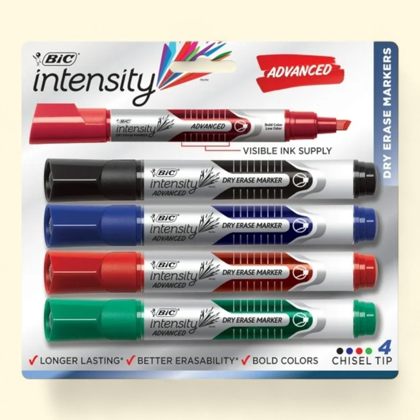 BIC Intensity Advanced Dry Erase Tank Marker, Chisel Tip, 4 Count