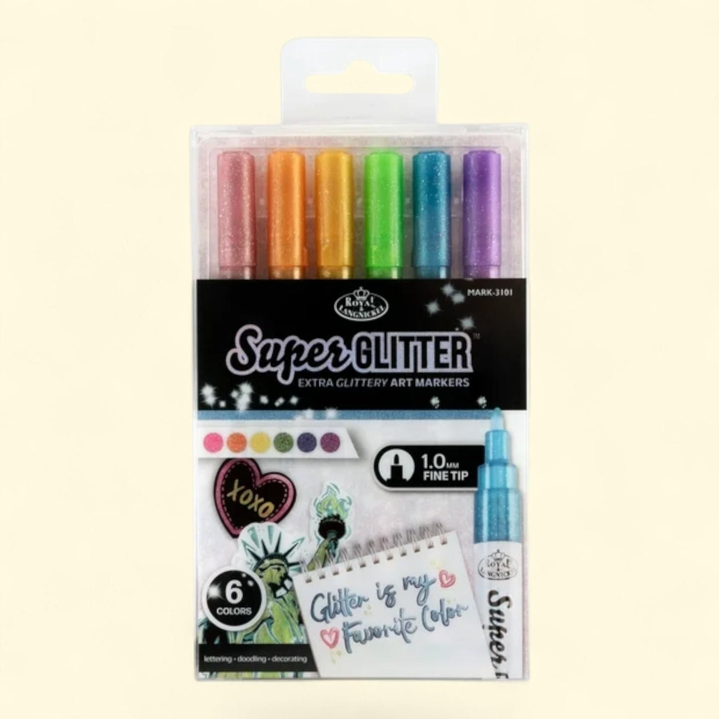 Royal & Langnickel Super Glitter Marker Set, 6pc 1MM, Primary Colors