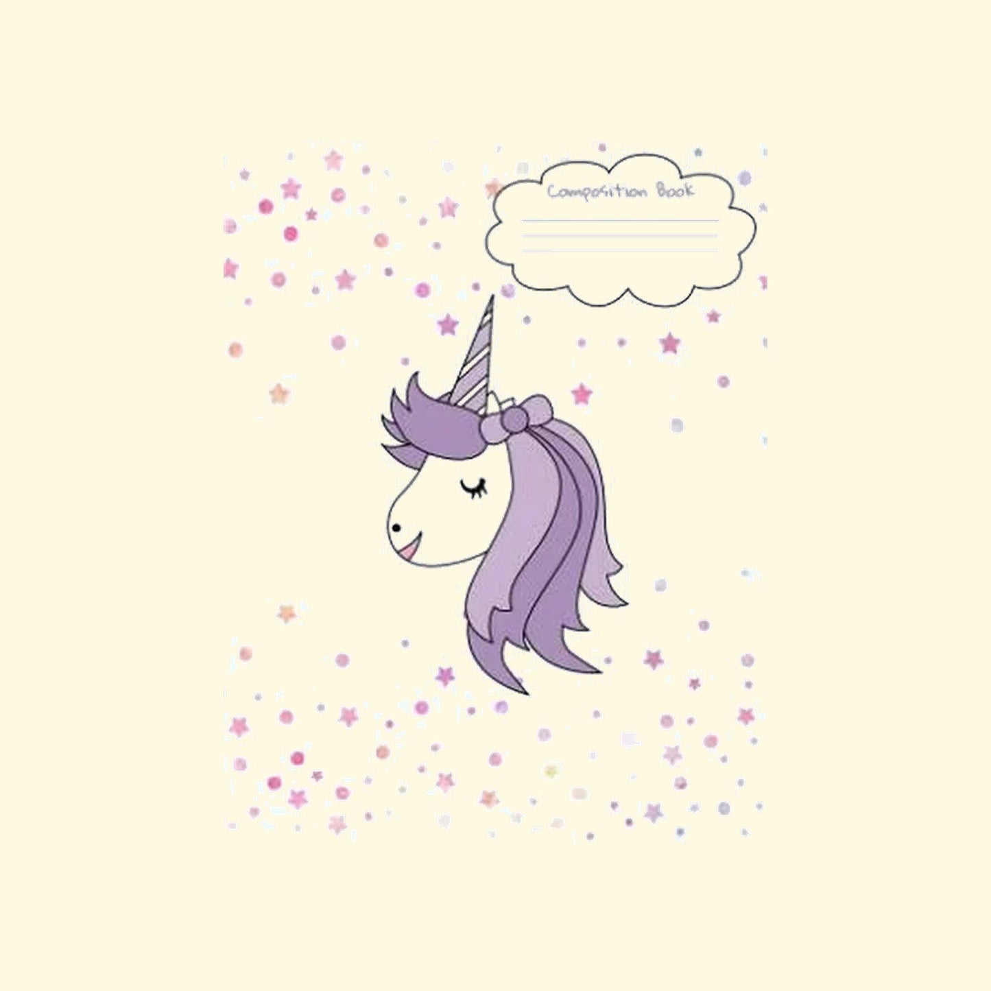 Notebook cover with a purple unicorn illustration on a light yellow background