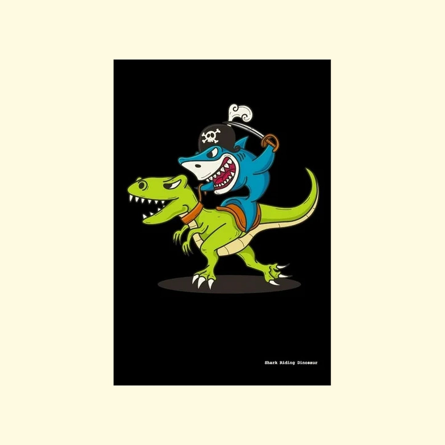 Cartoon shark riding a green dinosaur on a black background